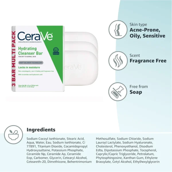 CeraVe Hydrating Cleanser Bar (3-Pack) –Soap-Free Facial - Image 2