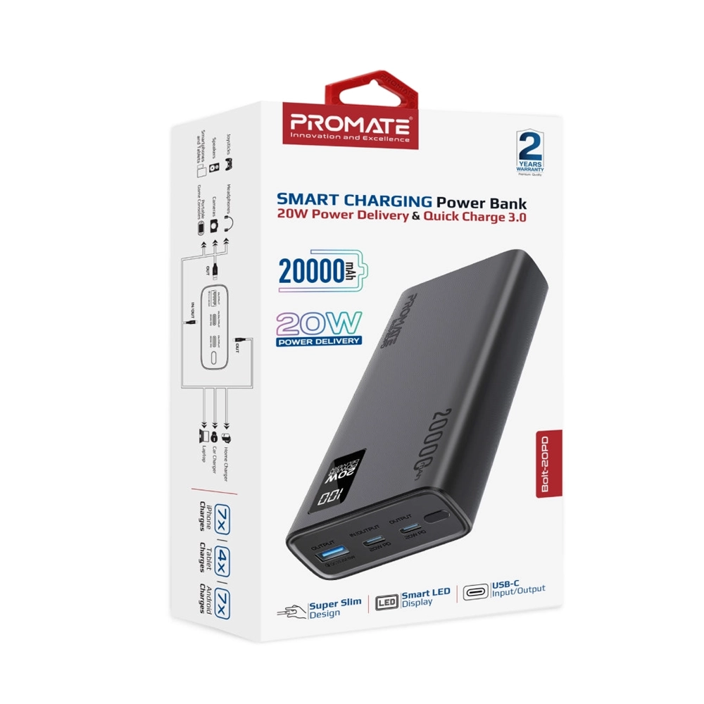 Promate 20000mAh Power Bank – 20W Fast Charging – Black - Image 2
