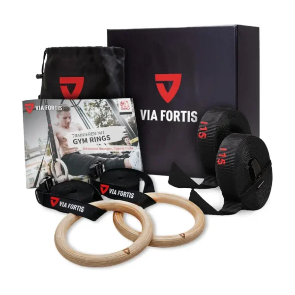VIA FORTIS® Premium Wooden Gym Rings with Straps & Workout Guide