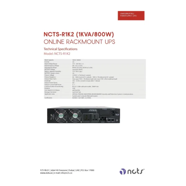 NCTS R1K2 Online Rackmount, Tower UPS – 1KVA 800W (0.8PF) - Image 2